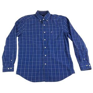 Nautica Men's Button Down Shirt Wrinkle Resistant Plaid L Blue White 100% Cotton